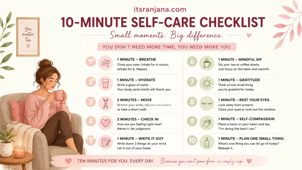 an infographic with 10 minute self care checklist 