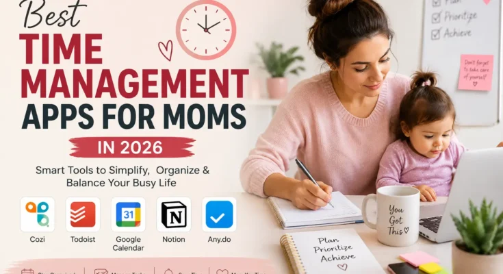 Busy mom using time management apps to stay organized while balancing work, parenting, and daily tasks in 2026.