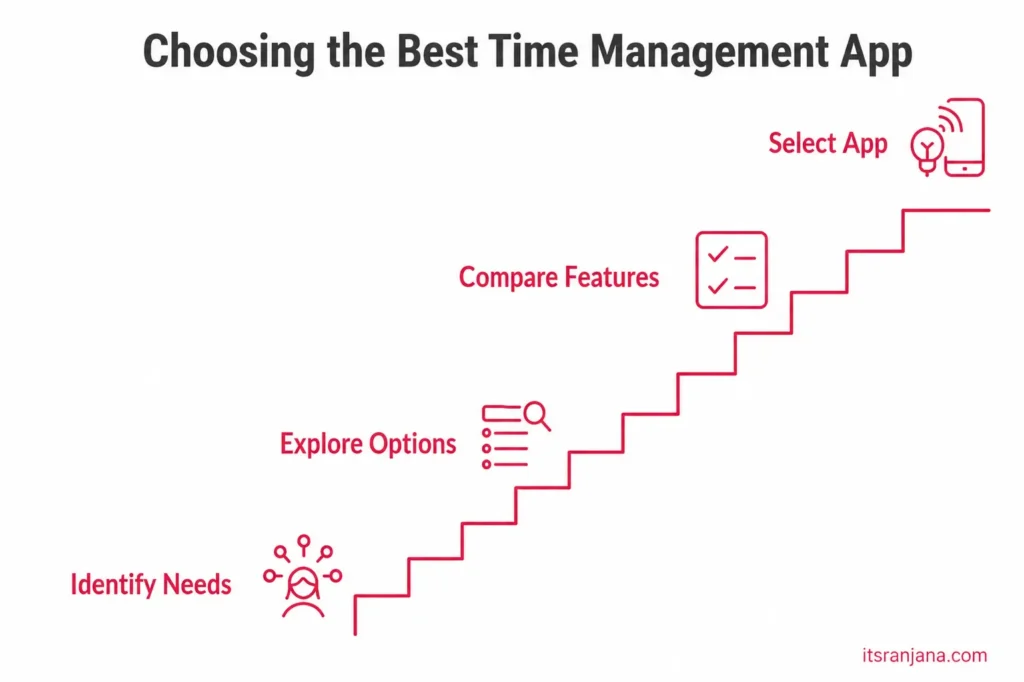 Step-by-step process for choosing the best time management app for moms by identifying needs, exploring options, comparing features, and selecting the right app.