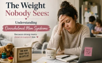 the featured image with written text -overwhelmed mom syndrome and showing the image of a tired mom