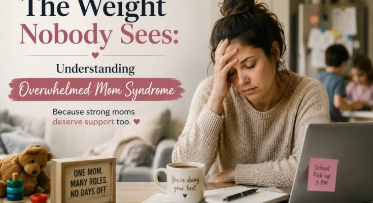 the featured image with written text -overwhelmed mom syndrome and showing the image of a tired mom