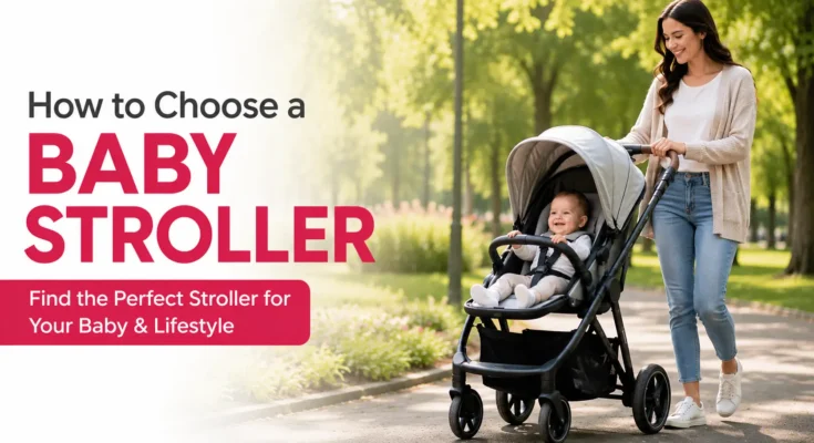 Mother walking with her smiling baby in a stroller in a sunny park, illustrating how to choose the best baby stroller for comfort, safety, and everyday use.