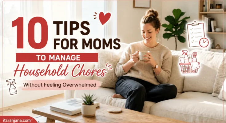 Featured image for 10 Tips for Moms to Manage Household Chores Without Feeling Overwhelmed, showing a happy mom relaxing with coffee after completing daily household chores.