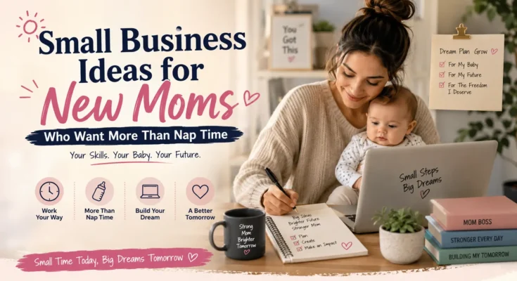 Featured image showing a new mom working on a laptop with her baby while planning a home business, representing small business ideas for moms who want to earn from home during nap time.