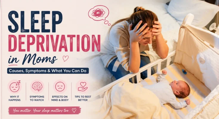 Sleep-deprived mother holding her baby at night, illustrating the causes and symptoms of sleep deprivation in moms.