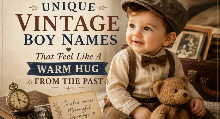 a featured image with a picture of vintage boy and written text unique vintage boy names on it