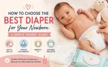 Featured image for 'How to Choose the Best Diaper for Your Newborn' showing a newborn baby wearing a diaper alongside disposable diapers and baby wipes, highlighting key features like softness, strong absorbency, perfect fit, and wetness indicator.