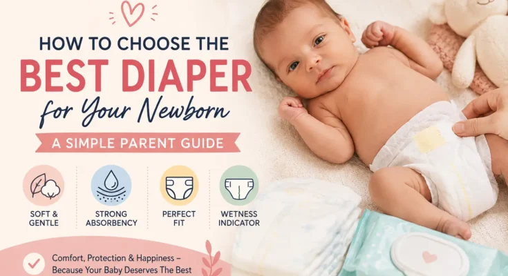 Featured image for 'How to Choose the Best Diaper for Your Newborn' showing a newborn baby wearing a diaper alongside disposable diapers and baby wipes, highlighting key features like softness, strong absorbency, perfect fit, and wetness indicator.