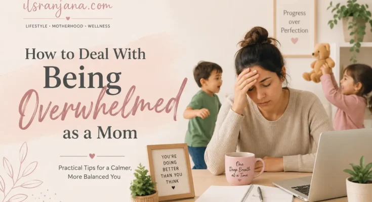 Overwhelmed mom sitting at a table while her children play in the background, illustrating practical ways to deal with motherhood stress and emotional overwhelm.