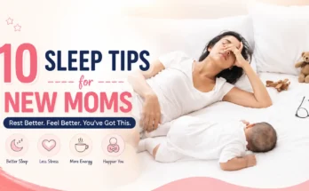 Tired new mom resting beside her sleeping baby with 10 sleep tips for new moms featured image