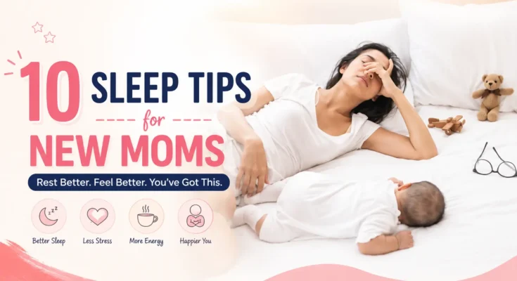 Tired new mom resting beside her sleeping baby with 10 sleep tips for new moms featured image