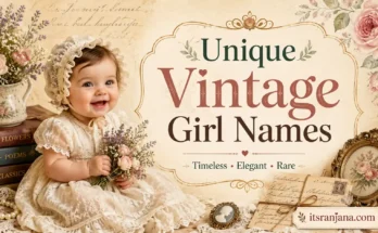 Unique Vintage Girl Names featured image with elegant old-fashioned baby girl illustration and timeless name ideas by itsranjana.com