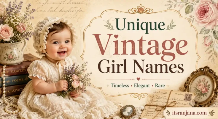 Unique Vintage Girl Names featured image with elegant old-fashioned baby girl illustration and timeless name ideas by itsranjana.com