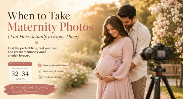 Pregnant couple posing for a maternity photoshoot in a sunlit garden during the ideal 32–34 weeks of pregnancy.