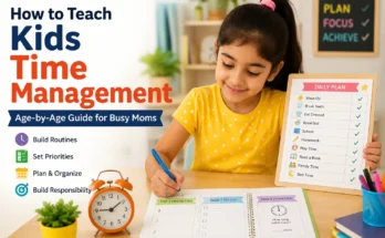 How to Teach Kids Time Management – age-by-age guide with a child using a daily planner and time-management checklist.