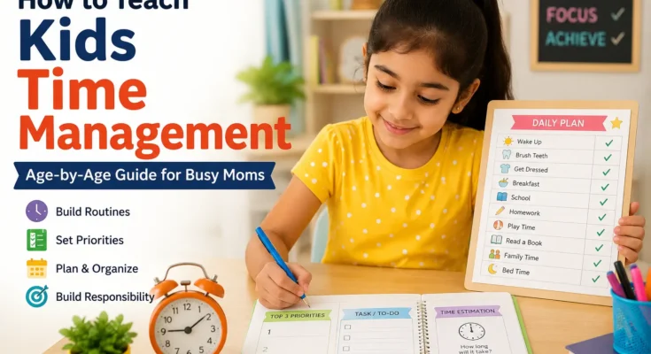 How to Teach Kids Time Management – age-by-age guide with a child using a daily planner and time-management checklist.