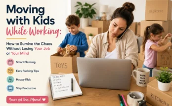 a mom working on her laptop and getting things ready for a move with kids