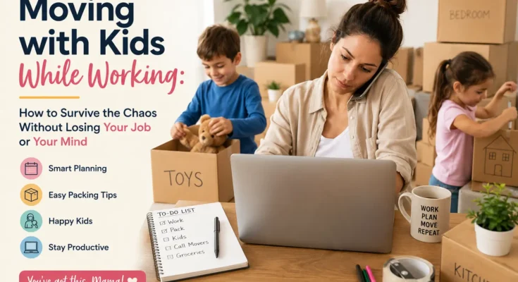 a mom working on her laptop and getting things ready for a move with kids