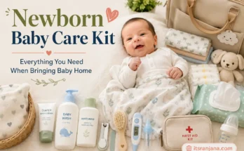 Newborn baby care kit with diapers, wipes, thermometer, swaddle, feeding essentials, and other baby must-haves for new parents.