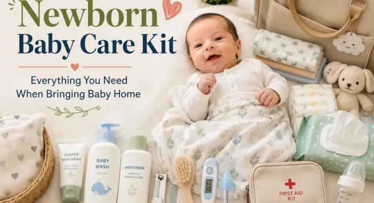 Newborn baby care kit with diapers, wipes, thermometer, swaddle, feeding essentials, and other baby must-haves for new parents.