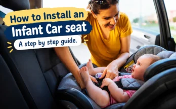 How to install an infant car seat: a mother safely securing a baby in a rear-facing infant car seat inside a car.