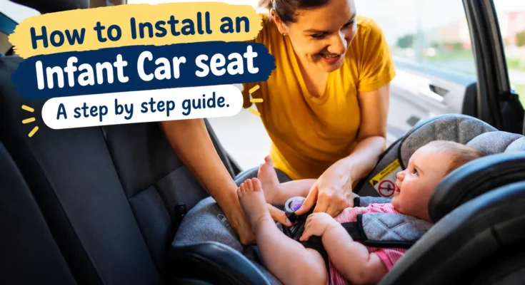 How to install an infant car seat: a mother safely securing a baby in a rear-facing infant car seat inside a car.