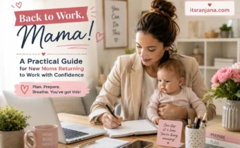 Working mom returning to work after maternity leave with her baby, laptop and planner at home